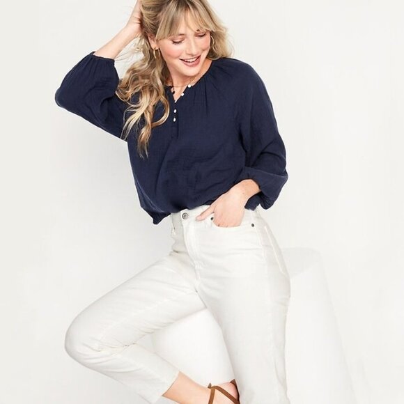 Old Navy Tops - 2/$30 Old Navy Shirred Double-Weave Blouse Lost At Sea Navy XS #A1633